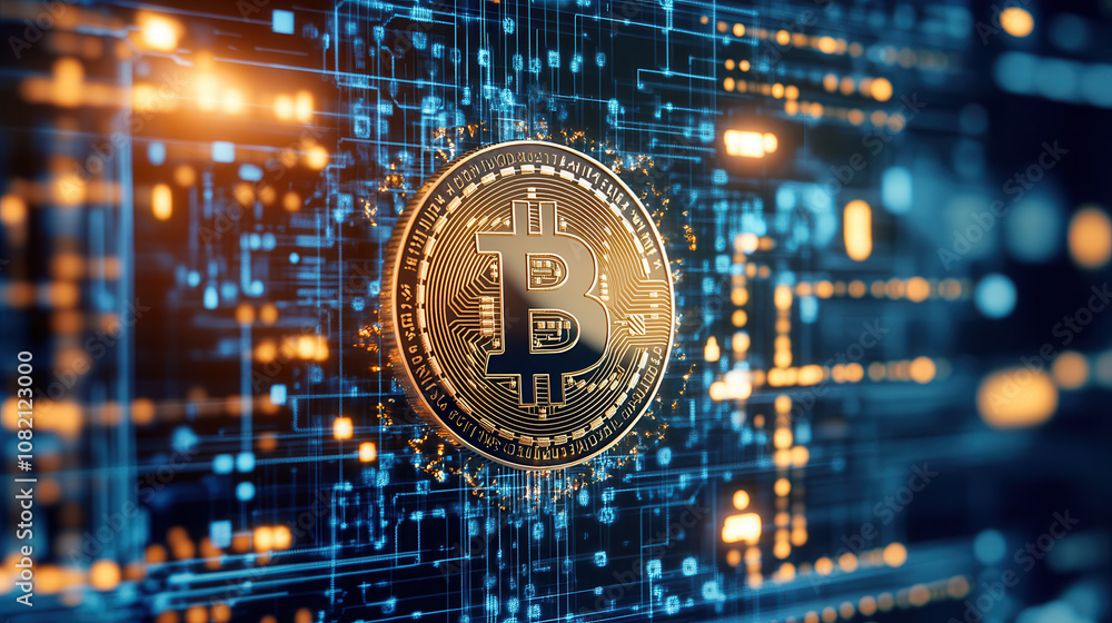 Poster digital currency symbol on futuristic background with glowing circuits, representing cryptocurrency 