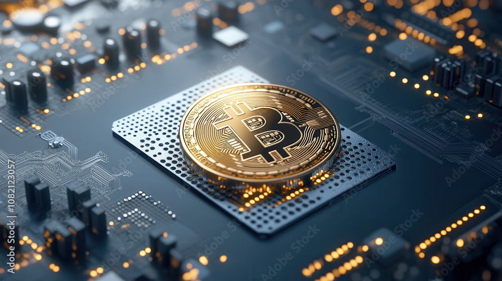 Poster digital currency concept featuring bitcoin on circuit board, symbolizing technology and finance. int