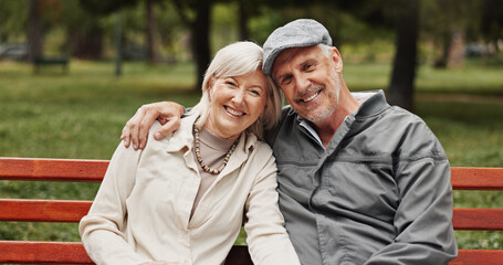 Mature couple, hug and portrait in park for bonding, conversation and commitment together outdoors....