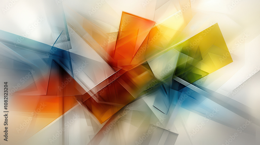 Poster abstract geometric shapes in vibrant colors create dynamic visual experience. interplay of orange, y