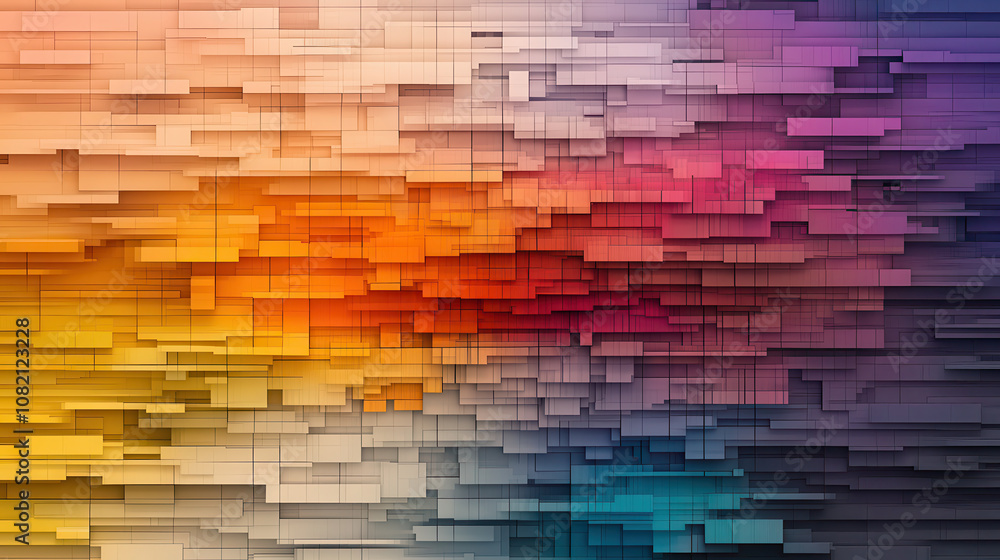 Poster vibrant abstract design featuring layered geometric shapes in warm and cool colors, creating dynamic
