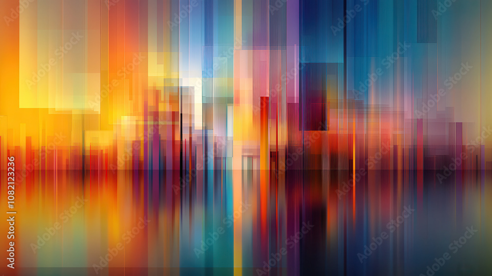 Poster vibrant abstract art featuring colorful vertical lines and reflections, creating dynamic and energet