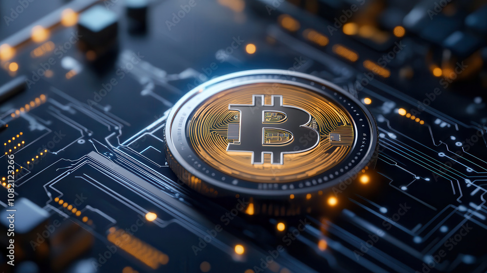 Poster digital currency symbol on circuit board, representing cryptocurrency technology and innovation. int
