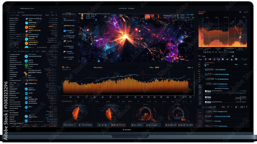Poster vibrant application monitoring dashboard displayed on laptop screen, featuring integrated data analy
