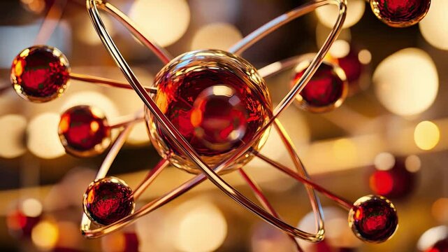 Atomic Structure: A close-up shot of a metallic atomic model with red spheres orbiting a central nucleus. The blurred bokeh background creates an abstract, artistic effect.