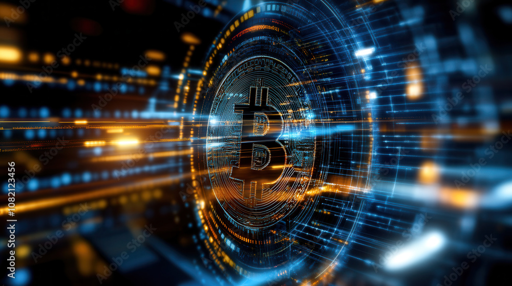 Poster digital representation of bitcoin surrounded by glowing lines and circuits, symbolizing cryptocurren