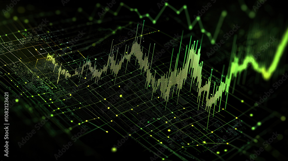 Poster abstract digital wave patterns with green lines and data visualization