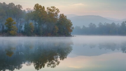 Fototapeta premium landscape of a calm lake with trees in fog