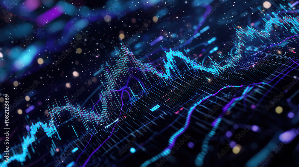 Poster dynamic digital visualization of data trends with vibrant colors and abstract patterns, showcasing f
