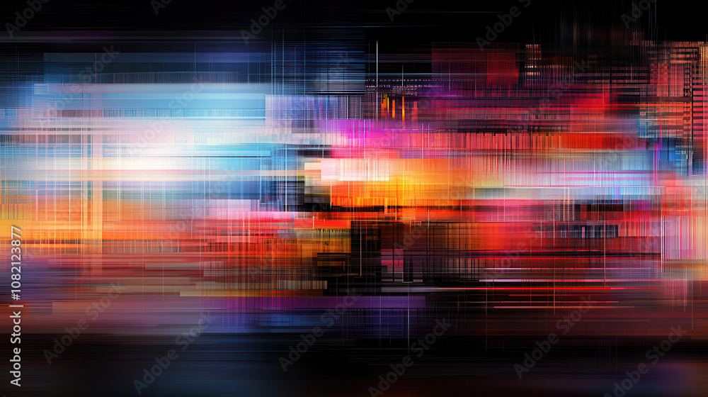 Poster dynamic glitch artwork blending distorted digital elements, creating vibrant and colorful visual exp