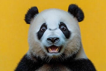 Obraz premium Close-up of a panda bear with its mouth open, suitable for use in wildlife or animal-themed designs