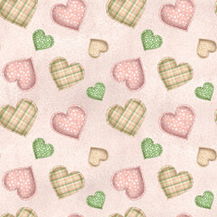Seamless pattern with fabric hearts on pink watercolor background. Sewing clipart. Hand-drawn watercolor illustration
