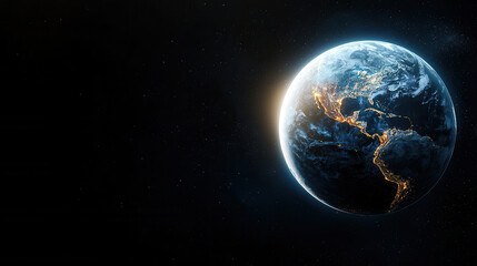 Obraz premium Earth with glowing cities at night, showcasing its beauty and fragility. planet is surrounded by dark space, emphasizing contrast of light and darkness