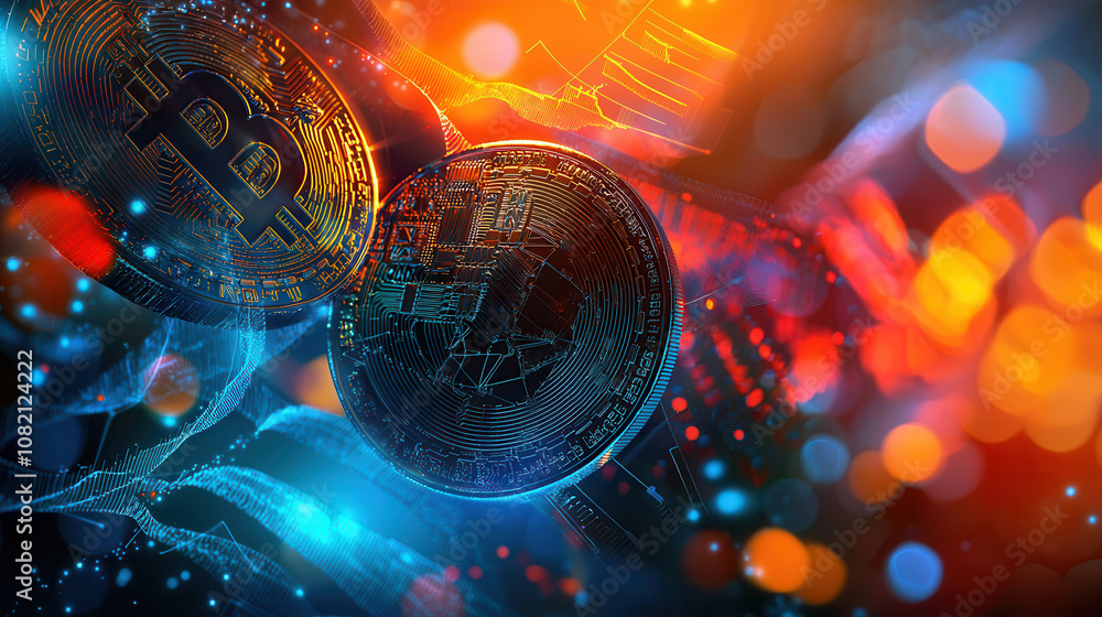 Aufkleber digital art featuring bitcoin coins with vibrant colors and abstract patterns. image conveys sense o