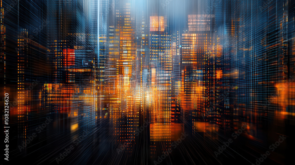 Poster dynamic cityscape with illuminated skyscrapers and vibrant lights creating sense of motion and energ