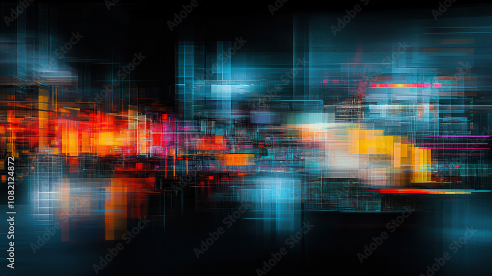 Poster dynamic abstract digital art featuring vibrant colors and blurred lines, creating sense of movement 