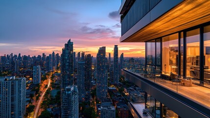 Obraz premium Sunset View from a Modern Balcony overlooking a City Skyline