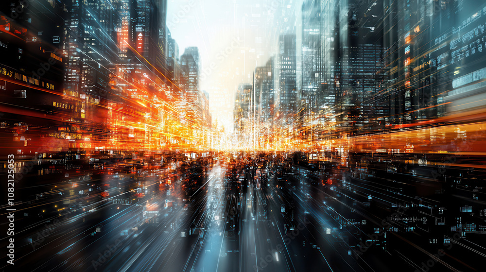 Poster dynamic cityscape with vibrant lights and abstract data streams, showcasing futuristic urban environ