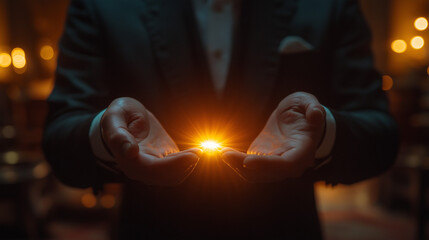 magic, performance, circus, show and advertisement concept - magician holding something on palm of his hand