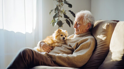 Elderly man relaxing with his dog, showcasing warmth, companionship, and peace in aging