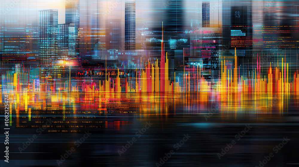 Aufkleber digital cityscape with vibrant data visualizations and abstract patterns, showcasing blend of techno