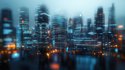 Futuristic city skyline with blurred lights and skyscrapers at night, creating dynamic and vibrant atmosphere