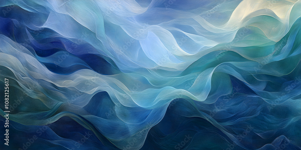 Poster abstract waves of color flow in soothing shades of blue, creating a serene and calm atmosphere evoki