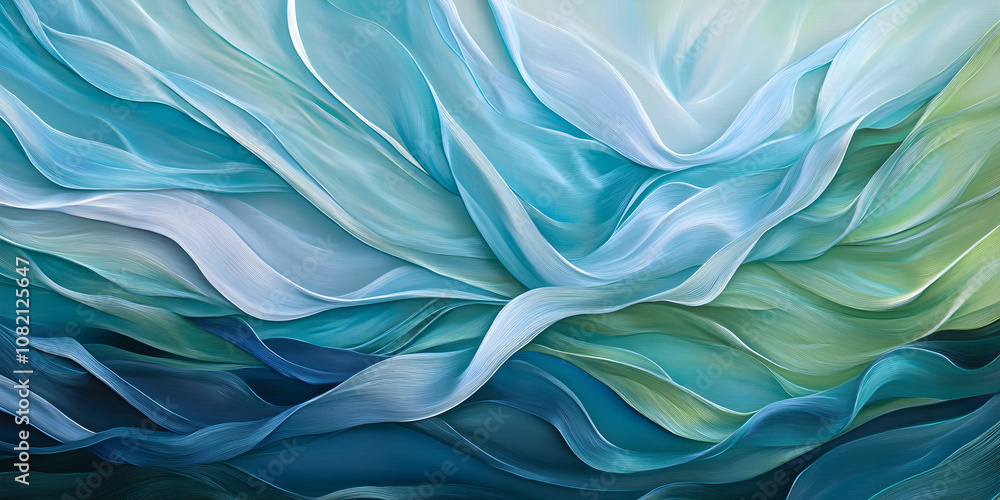 Poster abstract waves of color flow in calming blues and greens, creating a serene and tranquil atmosphere 
