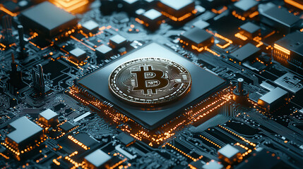 Digital circuit board with Bitcoin symbol, showcasing technology and cryptocurrency innovation. intricate design highlights fusion of finance and digital art