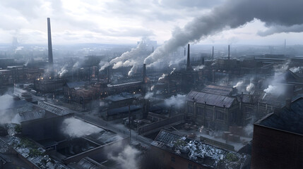 Aerial view of a sprawling industrial complex with factories emitting smoke and a cloudy sky showcasing urban development and industrialization
