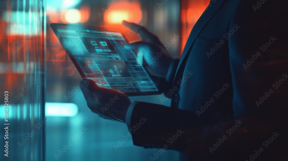 Poster a businessman uses a tablet computer with a glowing screen, displaying a website or app interface. h