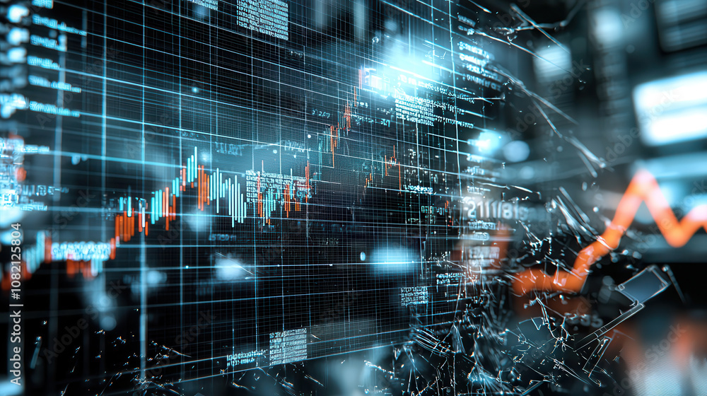 Poster digital artwork depicting glitch inspired financial data visualization with broken data elements, sh