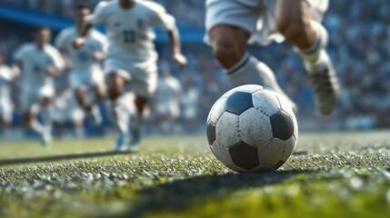 Fototapeta premium A soccer ball sits atop a grassy field, waiting for the next game or practice