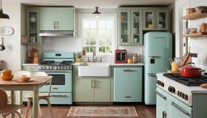 A vintage-inspired kitchen featuring a blend of retro appliances and modern finishes