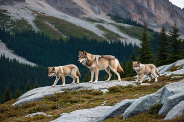Naklejka premium Captivating Mountain Wildlife Expedition featuring Stunning Wolf Pack and Pup Encounters on Rocky Peaks