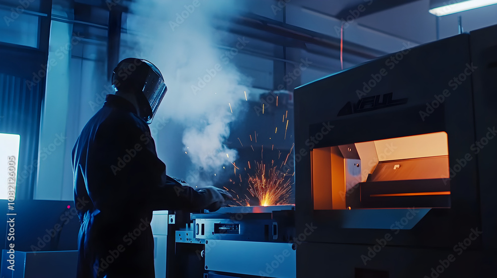 Poster a high-tech metalworking factory features a worker in protective gear creating sparks while operatin