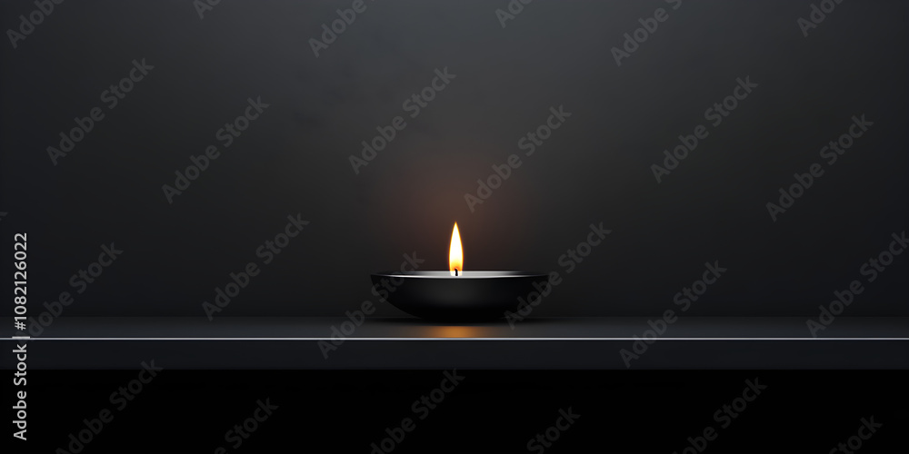 Poster a minimal banner featuring a single candle flame illuminating a dark background, creating a serene a