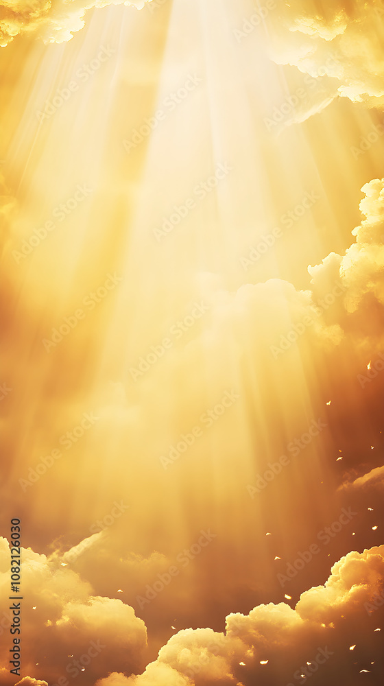 Poster golden rays of light emerge from fluffy clouds, creating a warm and ethereal atmosphere that evokes 
