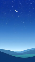 Obraz premium Minimalist night sky scene featuring a subtle crescent moon and twinkling stars above gentle rolling hills in soft hues of blue and green