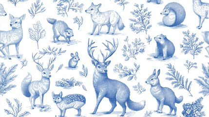 Forest animals seamless pattern. Deer, wolf, fox, boar, squirrel, bear, hare, hedgehog and badger. Hand drawing. Blue and white color. Vintage vector illustration. 