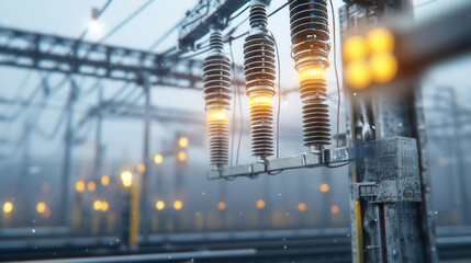 High voltage power lines with insulators and glowing lights on clear day create striking industrial scene. atmosphere is charged with energy and innovation