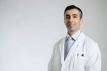 Minimalist portrait of a middle eastern male doctor in a white coat smiling confidently against a neutral background