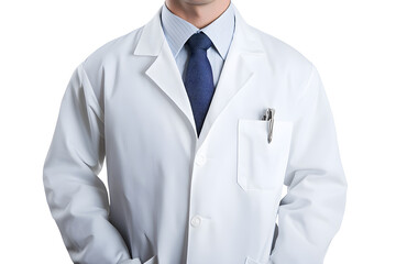 Minimalist portrait of a male doctor in a white coat, wearing a tie with a confident stance and professional demeanor