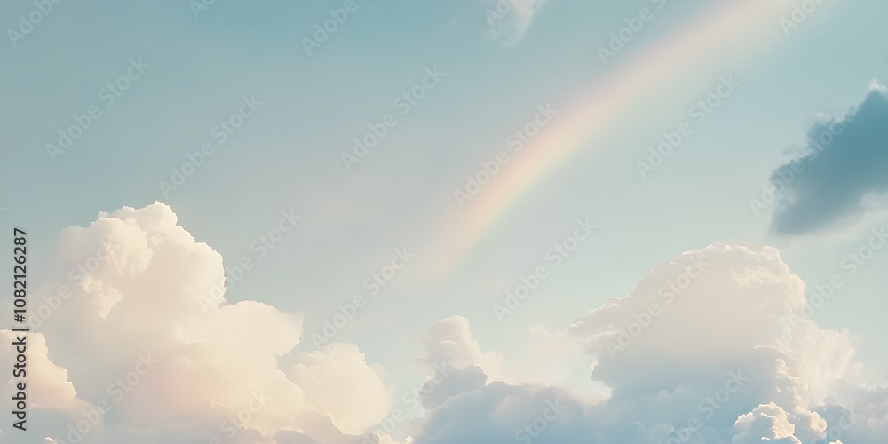 Poster a beautiful open sky scene with a few scattered clouds and a soft rainbow emerging against a serene 