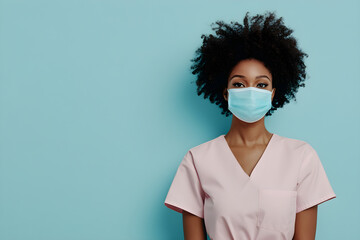 A minimalistic shot of an African American female wearing a face mask, looking confidently at the camera against a blue background