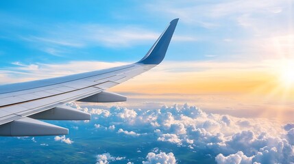 Fototapeta premium Airplane Wing Soaring Over Breathtaking Sunset Sky with Fluffy Clouds