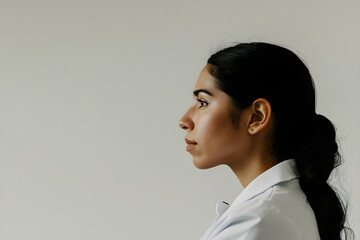 Side view of a hispanic female doctor in a white coat looking thoughtfully with a neutral expression against a plain background