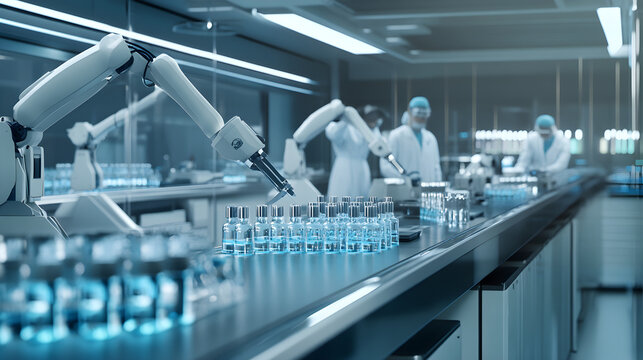 A pharmaceutical lab features advanced robotic arms working on glass vials in a clean, modern environment with scientists in background attire