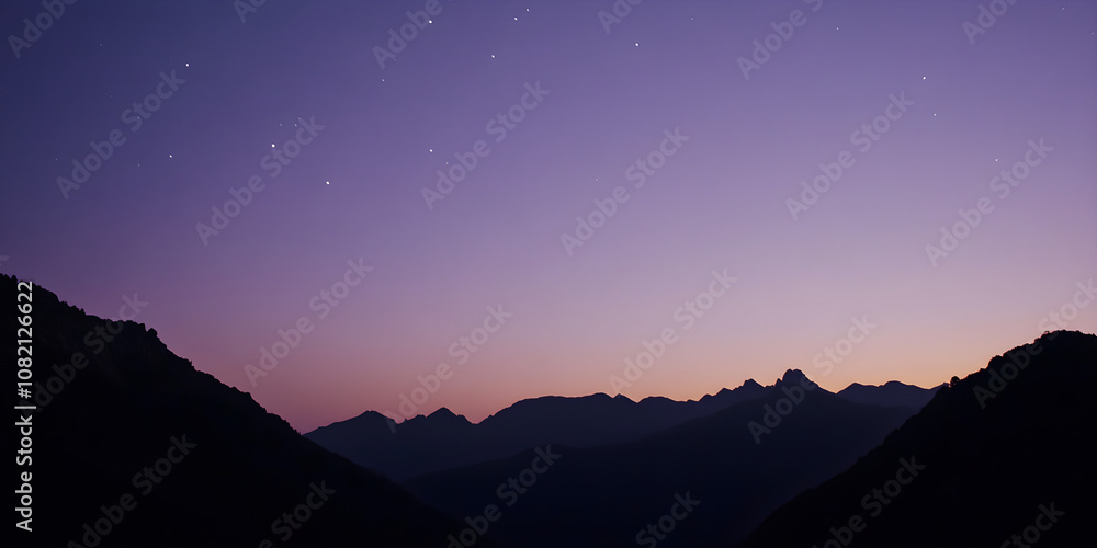 Poster silhouette of mountain peaks under a gradient twilight sky with stars twinkling in the background cr