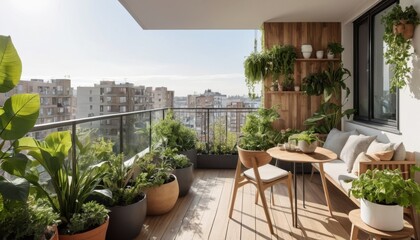 Fototapeta premium An apartment with a balcony garden featuring a mix of large plants, wooden elements, and natural lighting